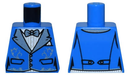 Lego Torso Vest with Pockets, Metallic Light Blue Wide Lapels and Filigree over White Striped Shirt, Bow Tie Pattern / Blue