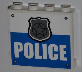 Lego Panel 1 x 4 x 3 with Side Supports - Hollow Studs with 4 Rivets, Silver Police Badge and 'POLICE' Pattern (Sticker) - Set 4440 / White