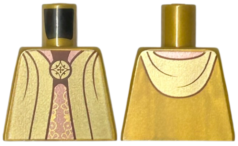 Lego Torso Gold Robe Open with Copper Lining and Hood over Ornate Vertical Sash, Circle Brooch, Dark Brown Neck Pattern / Pearl Gold