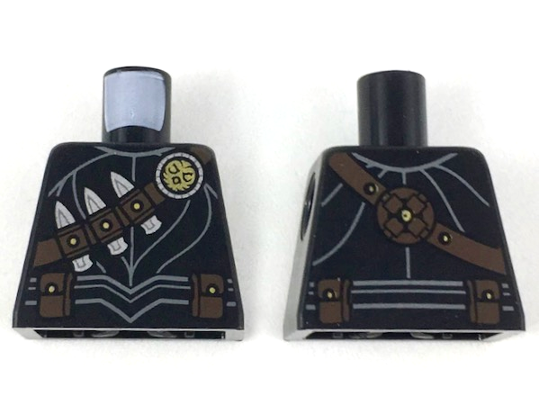Lego Torso Armor with Gold Owl Logo, Dark Brown Bandolier and Pouches, 3 Silver Daggers Pattern / Black
