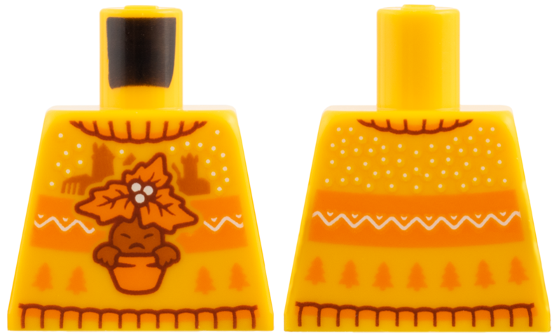 Lego Torso Knit Fair Isle Holiday Sweater with Dark Orange Mandrake in Pot with Leaves, Castle Silhouettes and Christmas Trees Pattern / Bright Light Orange