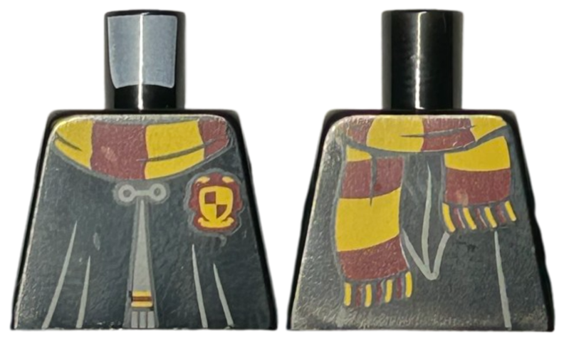 Lego Torso Gryffindor Robe Clasped over Dark Bluish Gray Sweater, Dark Red and Bright Light Orange Scarf Pattern / Black