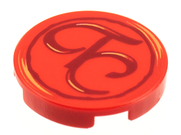 Lego Tile, Round 2 x 2 with Bottom Stud Holder with Script 'TC' Pattern / Red