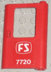Lego Door 1 x 4 x 5 Train Right, Thin Support at Bottom with White 'FS 7720' Pattern (Sticker) - Set 7720 / Red