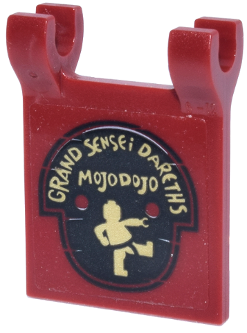 Lego Flag 2 x 2 Square with Flat Edge with Gold 'GRAND SENSEI DARETHS MOJODOJO' and Minifigure on Black Mask Pattern on Both Sides (Stickers) - Set 70657 / Dark Red