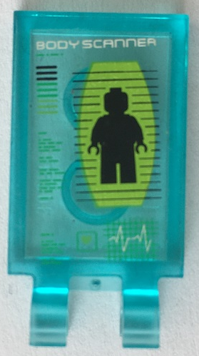 Lego Tile, Modified 2 x 3 with 2 U Clips with Body Scanner and Black Minifigure Pattern (Sticker) - Set 70704 / Trans-Light Blue