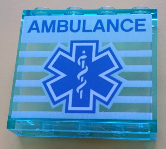 Lego Panel 1 x 4 x 3 with Side Supports - Hollow Studs with Blue 'AMBULANCE' and EMT Star of Life on White Striped Background Pattern (Sticker) - Set 60204 / Trans-Light Blue