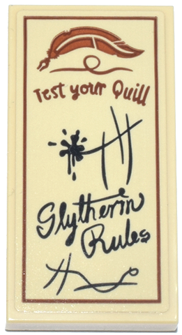 Lego Tile 2 x 4 with Dark Orange Feather and 'Test your Quill', Black Lines, Ink Splotch and 'Slytherin Rules' Pattern (Sticker) - Set 76457