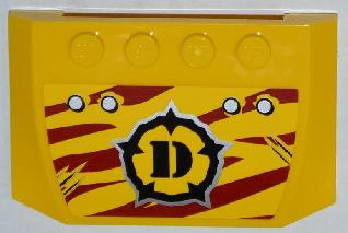 Lego Wedge 4 x 6 x 2/3 Triple Curved with 4 Rivets, Narrow Claw Scratch Marks and Dino Logo on Dark Red Tiger Stripes Pattern (Sticker) - Set 5886