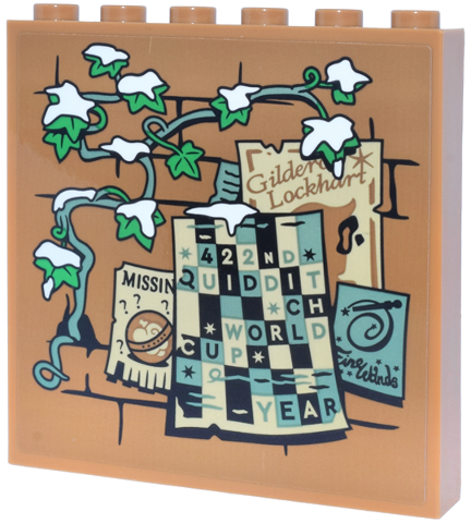 Lego Panel 1 x 6 x 5 with Brick Wall, Vine and Ivy with Snow, Posters 'Gildero Lockhart' (Gilderoy), '422ND QUIDDITCH WORLD CUP YEAR', 'MISSIN' (MISSING) and 'Fine Wands' Pattern (Sticker) - Set 76457 / Medium Nougat