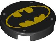 Lego Tile, Round 2 x 2 with Bottom Stud Holder with Bat on Yellow Oval Batman Logo and 4 Silver Dots Pattern / Black