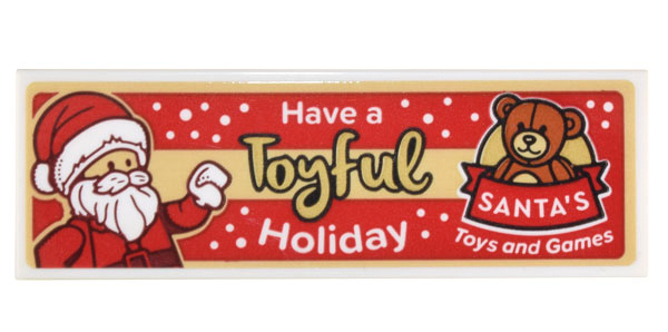 Lego Tile 2 x 6 with Santa Minifigure, Teddy Bear, and White and Gold 'Have a Toyful Holiday' and 'SANTA'S Toys and Games' Pattern (Sticker) - Set 10308
