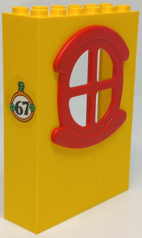 Lego Fabuland Building Wall 2 x 6 x 7 with Round Symmetric Red Window with '67' Pattern (Sticker) - Set 3667