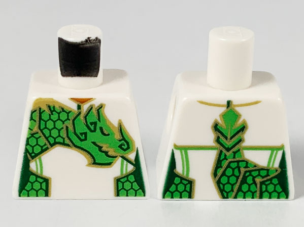 Lego Torso Female Jumpsuit, Bright Green Dragon with Gold Outline Pattern / White