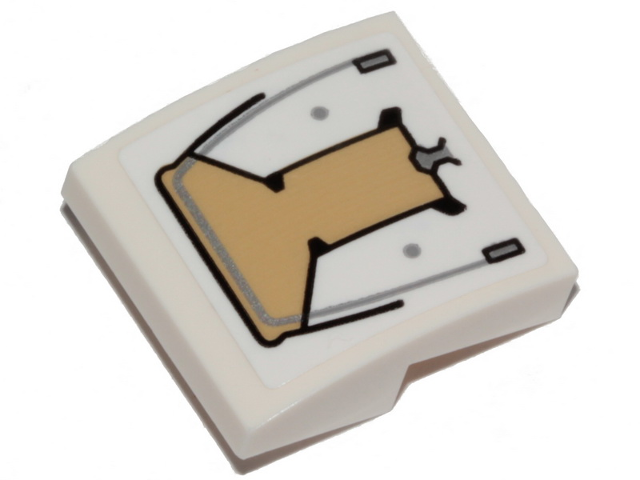 Lego Slope, Curved 2 x 2 x 2/3 with Tan Hull Plate Pattern (Sticker) - Set 76989 / White