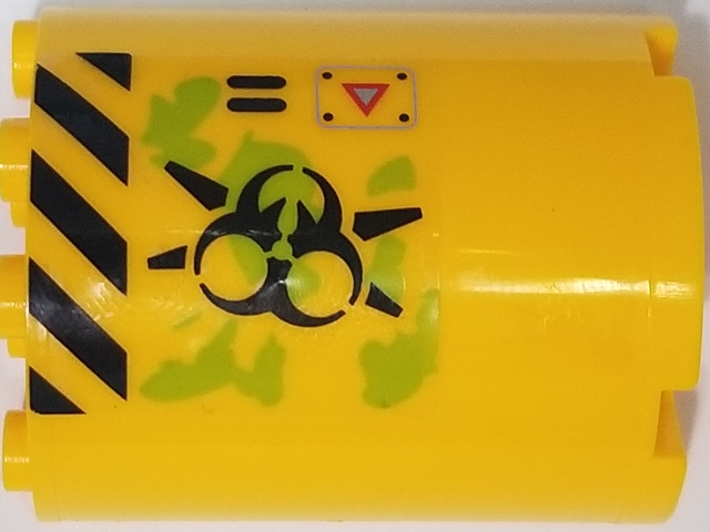 Lego Cylinder Half 2 x 4 x 4 with Caution Triangle, Danger Stripes, Black Biohazard Symbol, Ooze and Vents Pattern Model Right Side (Sticker) - Set 70163