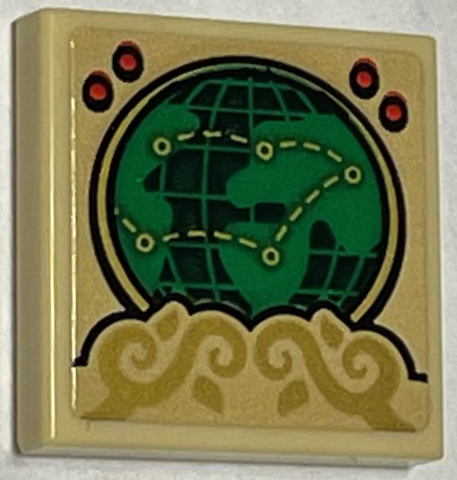 Lego Tile 2 x 2 with World Map with Dotted Lines, Red Lights and Gold Scrollwork Pattern (Sticker) - Set 40499