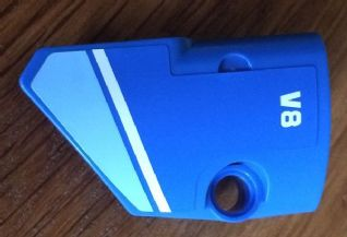 Lego Technic, Panel Fairing # 1 Small Smooth Short, Side A with Medium Blue and White Stripes and 'V8' Pattern (Sticker) - Set 8052 / Blue