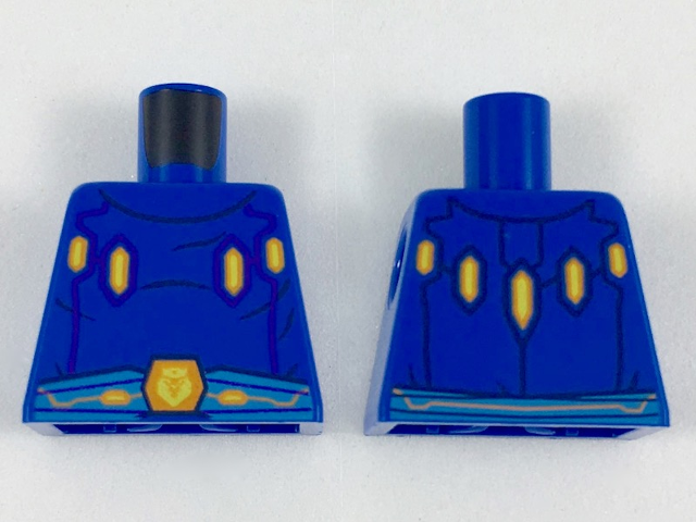 Lego Torso Nexo Knights with Orange and Yellow Crystals, Dark Azure Belt with Crowned Lion Hexagon Buckle Pattern / Blue