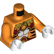Lego Torso Black Tiger Stripes, Dark Red and Gold Armor and Fire Chi Emblem Print, Orange Arms, White Hands / Orange