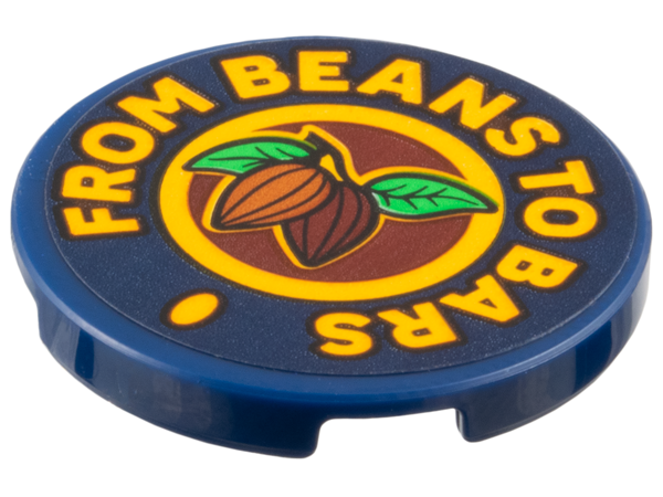 Lego Tile, Round 3 x 3 with Bright Light Orange 'FROM BEANS TO BARS', Reddish Brown Circle, Dark Brown and Dark Orange Cocoa Beans, Bright Green Leaves Pattern (Sticker) - Set 910039