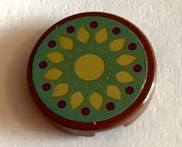 Lego Tile, Round 2 x 2 with Bottom Stud Holder with Gold Petals and Magenta Dots on Sand Green Background Pattern (Sticker) - Set 41068 / Reddish Brown