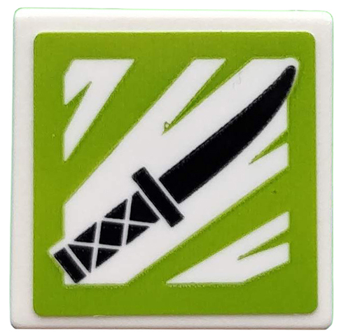 Lego Road Sign 2 x 2 Square with Open O Clip with Black Knife on Lime and White Background Pattern (Sticker) - Set 71708 / White