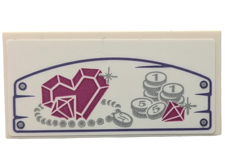 Lego Tile 2 x 4 with Heart, Diamond, Coins and Necklace Pattern (Sticker) - Set 41177 / White