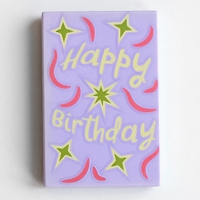 Lego Tile 2 x 3 with Yellowish Green 'Happy Birthday' Text, Dark Pink and Lime Decorations Print / Lavender
