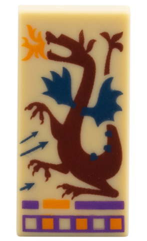 Lego Tile 1 x 2 with Dark Red Dragon with Dark Blue Wings, Orange and Dark Purple Trim Pattern (Book Page) / Tan