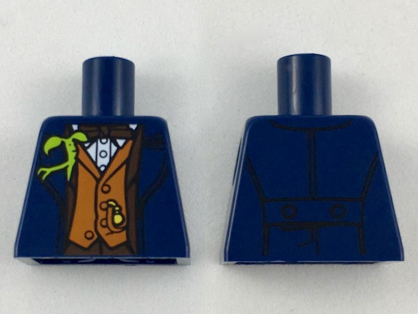 Lego Torso Jacket with Dark Brown Trim and Bow Tie, Dark Orange Vest, Bright Green Bowtruckle Pattern / Dark Blue