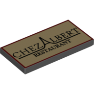 Lego Tile 2 x 4 with Stylised Black 'Chez Albert Restaurant' Print on Tan Background / Black