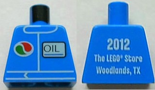 Lego Torso Octan Logo and Upright Font 'OIL' on Front, '2012 The LEGO Store Woodlands, TX' on Back Pattern / Blue