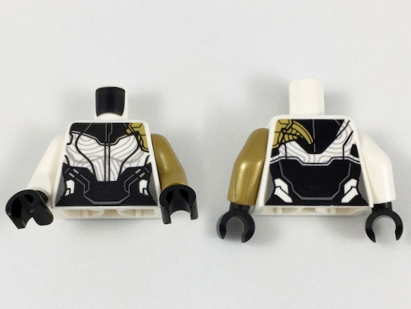 Lego Torso Female Armor, Black Collar and Midriff, Silver Contours, Pearl Gold Left Shoulder Pattern / Pearl Gold Arm Left / White Arm Right / Black Hands
