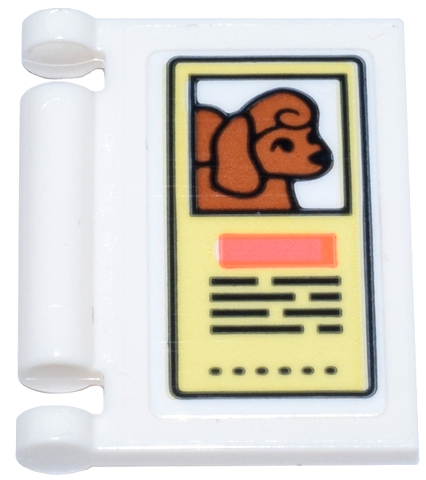 Lego Minifigure, Utensil Book Cover with Bright Light Yellow Sign, Dark Orange Poodle / Dog, Coral Rectangle, and Black Text Pattern (Sticker) - Set 42615 / White