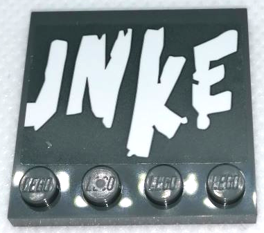 Lego Tile, Modified 4 x 4 with Studs on Edge with 'UNKE' (U Cut in Half) Pattern (Sticker) - Set 75977 / Dark Bluish Gray