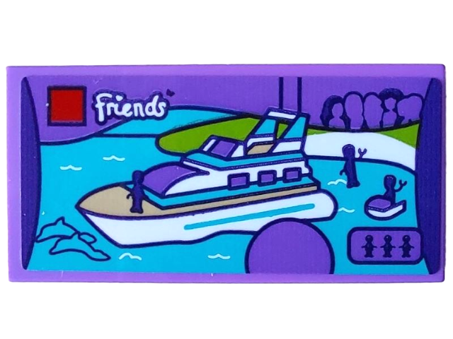 Lego Tile 2 x 4 with Friends Set 41015 Dolphin Cruiser Pattern (Sticker) - Set 4002022 / Medium Lavender
