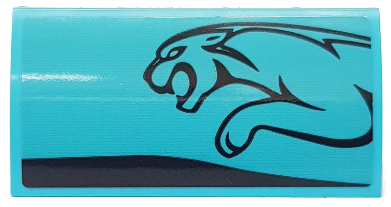 Lego Slope, Curved 2 x 4 x 2/3 with Bottom Tubes with Black Stripe and Leaping Jaguar on Medium Azure Background Pattern Model Left Side (Sticker) - Set 76898