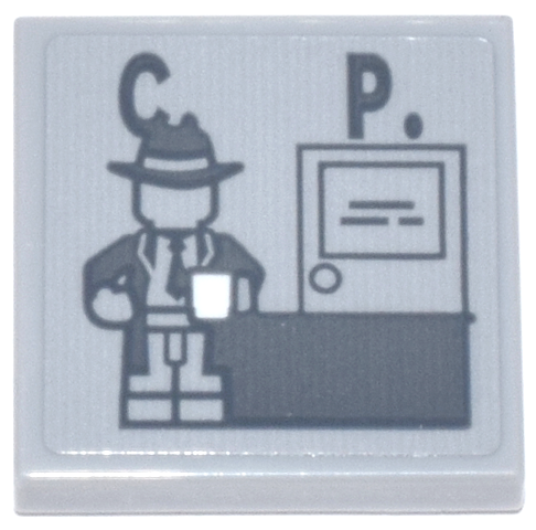 Lego Tile 2 x 2 with Dark Bluish Gray Detective Harvey Bullock Minifigure with Desk, 'C.' and 'P.' Pattern (Sticker) - Set 76271