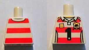 Lego Torso Rugby Uniform Shirt with Red Stripes, Black Number 1, Gold 2 x 2 Brick Logo, Shield Emblem, Shoulders and Side Panels, Yellow Neck Pattern / White