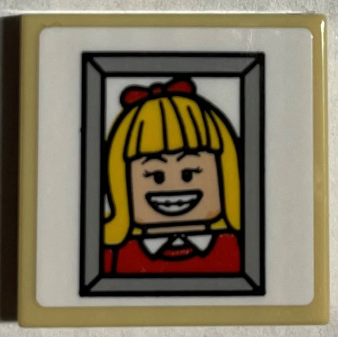 Lego Tile 2 x 2 with Framed Minifigure Photo with Yellow Hair, Red Sweater and Grin with Braces Pattern (Sticker) - Set 21330 / Tan
