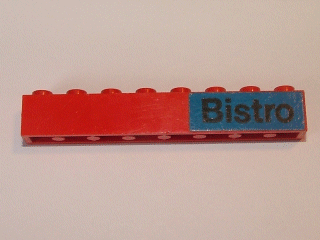 Lego Brick 1 x 8 with Black 'Bistro' on Blue Background Pattern (Sticker) - Set 148 / Red