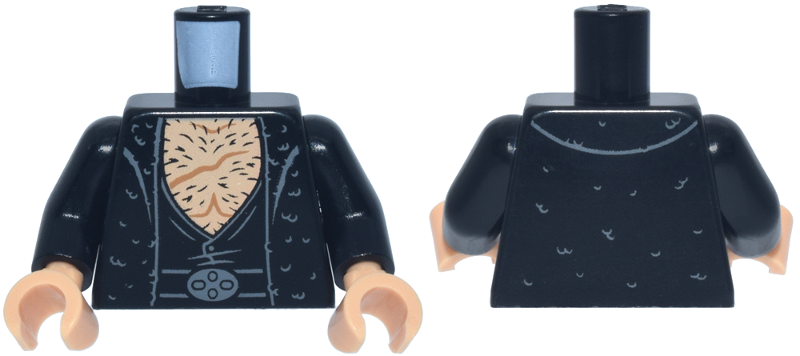 Lego Torso Jacket and Vest, Light Bluish Gray Trim and Texture, Medium Tan Bare Chest, Black Hair, Medium Nougat Scar and Muscle Contours Pattern / Black Arms / Medium Tan Hands