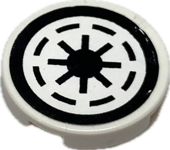 Lego Tile, Round 2 x 2 with Bottom Stud Holder with SW Galactic Republic Logo on White Background, Black Border, Thick Gaps Pattern (Sticker) - Sets 75021 / 75039