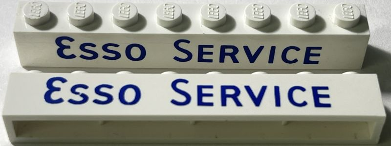 Lego Brick 1 x 8 without Bottom Tubes with Cross Side Supports with Blue 'ESSO SERVICE' Long Thin with Oval 'O' Pattern / White