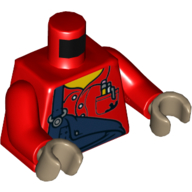 Lego Torso Overall, Dark Blue with One Strap Down, Shirt Pockets with Pens Print, Red Arms, Dark Tan Hands / Red