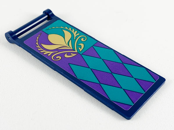 Lego Flag 7 x 3 with Bar Handle with Dark Purple and Dark Turquoise Panels and Diamonds, Gold Arendelle Crest Flower Pattern (Sticker) - Set 41164 / Dark Blue