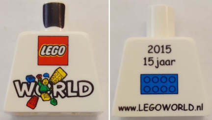 Lego Torso LEGO World The Netherlands 2015 with '15 jaar' and 'www.LEGOWORLD.nl' on Back Pattern / White