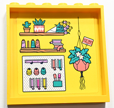 Lego Panel 1 x 6 x 5 with Bookshelves with Cactus, Tulips, Ribbons, Ruler, Pens and Hanging Plant in Pot with '12.99' Price Tag Pattern (Sticker) - Set 41732 / Yellow