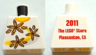 Lego Torso Shirt with Orange Collar and 3 Flowers over Yellow and Silver Curved Stripes, '2011 The LEGO Store Pleasanton, CA' on Back Pattern / White